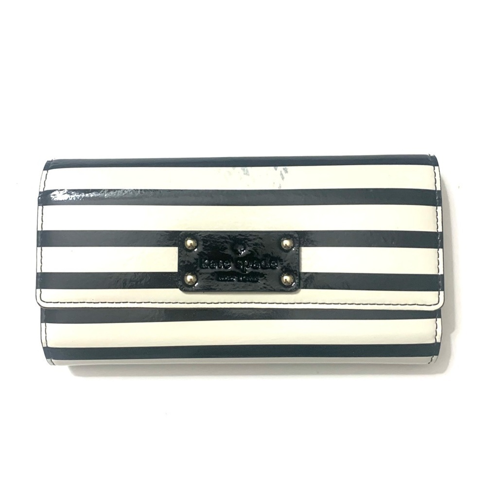 KATE SPADE Sandra Black / Cream Patent Leather Stripe, Flap Clutch Wallet